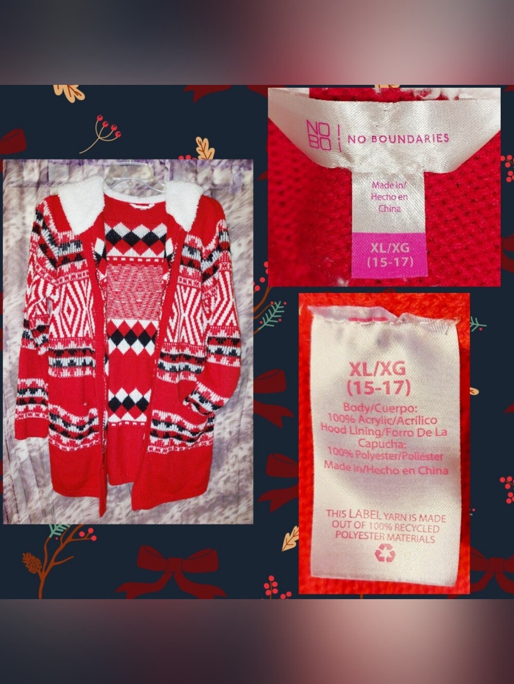No Boundaries Red/Multi Geometric Print Knit Sweater Cardigan w/Sherpa Hood XL